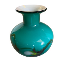 Art Glass Opaque Teal White Interior Cased Abstract Floral Swirl Vase for sale  Shipping to South Africa