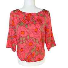 TRACY REESE Womens M Flamingo Pink Floral 3/4 Sleeve T-Back Retro Cropped Blouse for sale  Shipping to South Africa