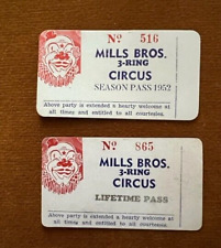 2 ingressos vintage Mills Bros 3 Ring Circus passe vitalício e passe de temporada 1952 comprar usado  Enviando para Brazil