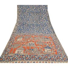 Sanskriti Vintage Blue/Orange Heavy Sarees Sari Pure Cotton Kalamkari Fabric for sale  Shipping to South Africa
