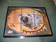 GRIZZLY BEAR-- PAINTED BY ROSI -1997 --TILE - FEATHER - PORCUPINE QUILL COLLAGE, used for sale  Shipping to Canada