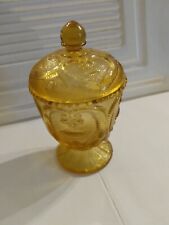 VTG AMBER beveled GLASS CANDY DISH & LID HEART SCROLL PATTERN~ pedastal base, used for sale  Shipping to South Africa