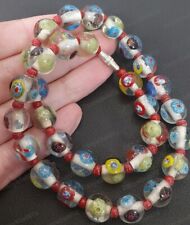 GLASS millefiori BEADS 11mm ROUND BEAD NECKLACE vintage flower retro multi red for sale  CHESTERFIELD