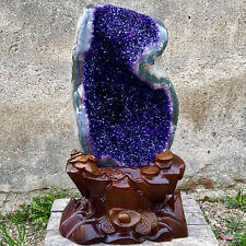 33.5LBNatural Amethyst geode quartz cluster crystal specimen healing+wooden base for sale  Shipping to South Africa