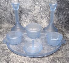 Vintage Art Deco Retro Ice Blue Frosted Glass Vanity Dressing Table Set 7 Pieces for sale  Shipping to South Africa