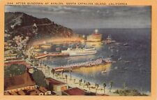 Postcard CA: After Sundown, Avalon, Boats @ Harbor, Santa Catalina, Linen  (544) for sale  Shipping to South Africa