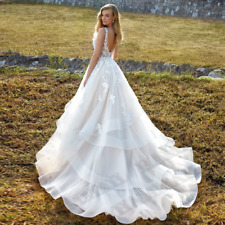 Used, 2023 Modest Brush Train Wedding Dresses Brides Gown Tiered Appliques Backless    for sale  Shipping to South Africa