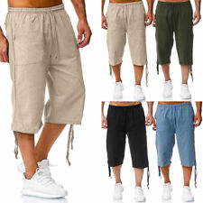 Used, Mens 3/4 Long Length Shorts Elastic Waist Cotton Linen Baggy Solid Casual Pants for sale  UK