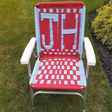 Vintage Folding Macrame Lawn Chair Red Blue Aluminum Frame White Plastic Armrest, used for sale  Shipping to South Africa