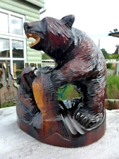 Escultura de colección grande de madera tallada a mano de oso salvaje y cachorros y peces coleccionista B segunda mano  Embacar hacia Mexico