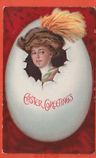 Easter pc/red bkgrd/ lady coming out of large egg/hat with large yellow feathers for sale  Shipping to South Africa