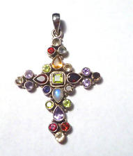 NICKY BUTLER STYLE .925 SILVER PERIDOT/MOONSTONE/AMETHYST/GARNET CROSS PENDANT, used for sale  Shipping to South Africa