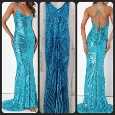 LULUS Size SMALL Sparkle Til Dawn Teal Blue Sequin Lace Up Mermaid Maxi Dress for sale  Shipping to South Africa