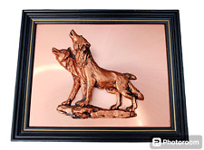 RARE Vintage 3D Howling Wolves Copper Wall Art Wood Framed Plaque Picture MCM for sale  Shipping to South Africa
