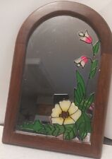 Espejo de vitral vintage flores marco de madera 13"×9". Gancho en la parte posterior. Usado segunda mano  Embacar hacia Argentina