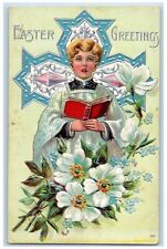 Postal antigua publicada de los saludos de Pascua de la década de 10 con flores en relieve segunda mano  Embacar hacia Argentina