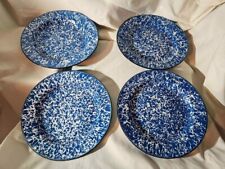 Set 4 Blue White Enamel Splatter Granite Ware Dinner Plates 10" camping for sale  Shipping to South Africa