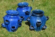 3 x Blue Ceramic Planters, Flower Pots Large Plant Pots Outdoor Glazed, used for sale  LONDON