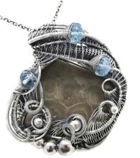 Petoskey Stone Pendant Necklace in Sterling Silver, Wire Wrapped with Blue Topaz for sale  Shipping to South Africa