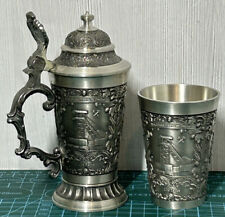 Vintage ZINN Becker Stuttgart German Pewter Wine Pitcher And Cup Glass Embossed, used for sale  Shipping to South Africa