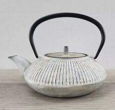 Traditional Japanese White Round Flat Tetsubin Cast Iron Tea Kettle w/ Strainer for sale  Shipping to South Africa