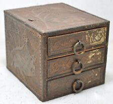 Antique Wooden 3 Drawers Jewellery Box Original Old Hand Crafted Brass Fitted for sale  Shipping to South Africa