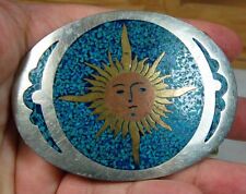 Vintage 1970's SUN GOD turquoise Mexican belt buckle stone inlay art  for sale  Astoria