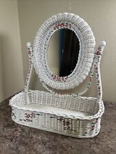Vintage White Wicker and Wood Oval Mirror Table Top Swivel Vanity with Basket. for sale  Shipping to South Africa