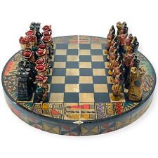 Conjunto de xadrez vintage pintado à mão peças de cerâmica vermelha e tabuleiro redondo de madeira asteca comprar usado  Enviando para Brazil