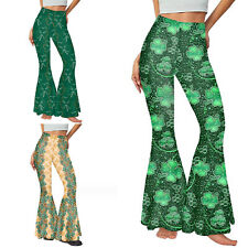 Women Flared Long Pants Clover Print Dance Elastic Waistband Fashion Vintage Lounge for sale  Shipping to South Africa