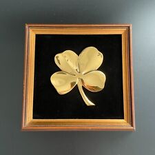 Vintage Brass Four Leaf Lucky Clover Charm Wall Hanging Door Plaque Wood Frame for sale  Shipping to South Africa