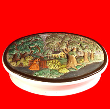 VINTAGE PORCELAIN DRESSER BOX 11 1/2  HAND PAINTED RAISED COUNTRY SCENE for sale  Shipping to South Africa