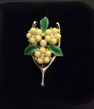 Vintage Good Luck Charm Wishbone Brooch Pin With Yellow & Green Enamel Flowers for sale  Shipping to South Africa