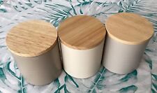3 Next brown, beige & cream metal storage canisters with wooden lids, used for sale  Shipping to South Africa