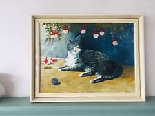 SIGNED R L 97 FOLK NAIVE PRIMITIVE ART PAINTING OF A SEATED CAT ACRYLIC /OIL USA for sale  Shipping to South Africa