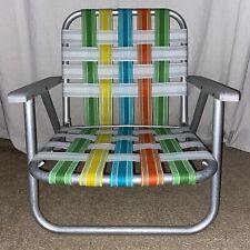 Vintage Webbed ALUMINUM Low Folding Beach Lawn Chair White Yellow Green Orange for sale  Shipping to South Africa