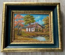 Vtg Acrylic Oil Painting Board Cottage Flowers Lake Trees Signed Blue Gold Frame for sale  Shipping to South Africa