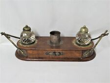 ANTIQUE OAK & BRASS DESK SET WITH 2 CUT GLASS INKWELLS for sale  Shipping to Canada