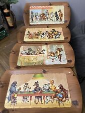Set of 4 vtg Kanine Kapades by Kentley MCM Wood Grain Laminate Dog Art Trays for sale  Shipping to South Africa