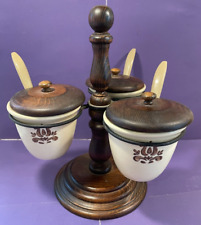Pfaltzgraff VILLAGE Pattern 3 Bowl Relish Jam Server Wood Metal Holder COMPLETE for sale  Shipping to South Africa