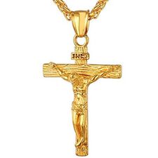 Gold Jesus Christ Necklace Religious Crucifix Pendant 22 Inch Chain Cross +Pouch, used for sale  Shipping to South Africa