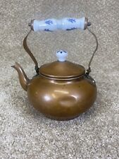 Vintage Copper And Brass Tin Tea Pot Kettle With Ceramic Handle White And Blue for sale  Shipping to South Africa