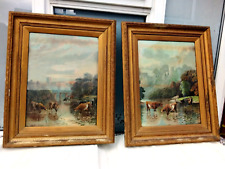 PAIR LARGE ANTIQUE VINTAGE FRAMED PRINTS CATTLE WATERING IN A RIVER BY B. COOK for sale  Shipping to South Africa