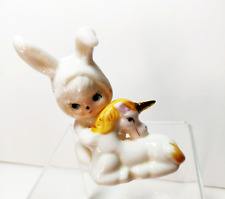Vintage 1980s Figurine Pixie in Bunny Costume Hugging Unicorn for sale  Shipping to South Africa