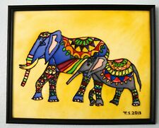 Original Mixed Media Stained glass Painting  Home decor Elephants , used for sale  Shipping to Canada
