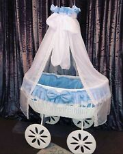 MJ Marks Moses Basket Crib With Lace Drapes Bedding And Mattress Baby Blue  for sale  WELSHPOOL