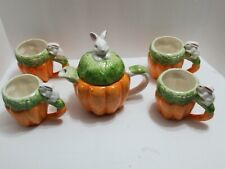 Easter Bunny atop Carrots Teapot  4 Teacups Mugs 5 pc Set Asia Master Group READ for sale  Shipping to South Africa
