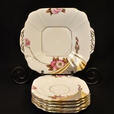 Prato quadrado para bolo Ridgway Melba porcelana 6 sobremesas 1955-1964 ouro amarelo rosa HTF comprar usado  Enviando para Brazil