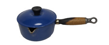 Sartén y tapa vintage esmaltado de hierro fundido Le Creuset #14 mango de madera con salsa azul Francia, usado segunda mano  Embacar hacia Argentina