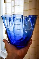 Hand Blown Art Glass Ruffled Edge Handkerchief Vase Bowl Cobalt Blue Abstract 6" for sale  Shipping to South Africa